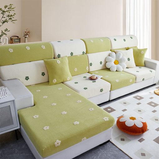 Housse de canapé en molleton extensible brodé fleurs protection anti rayures