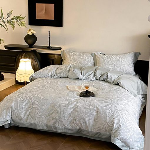 Parure de lit en satin de soie motif botanique abstrait