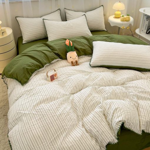 Parure de lit en polyester à rayures bicolores avec housse de couette