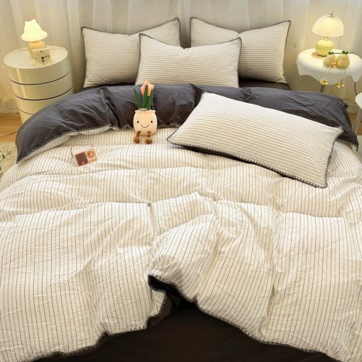 Parure de lit en polyester à rayures bicolores avec housse de couette – Image 2